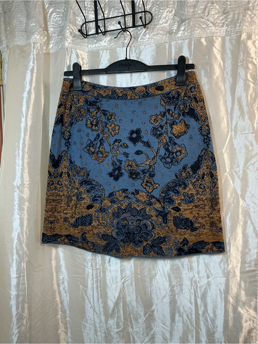 Peruvian Connection Blue and Brown Jacquard Mini Skirt